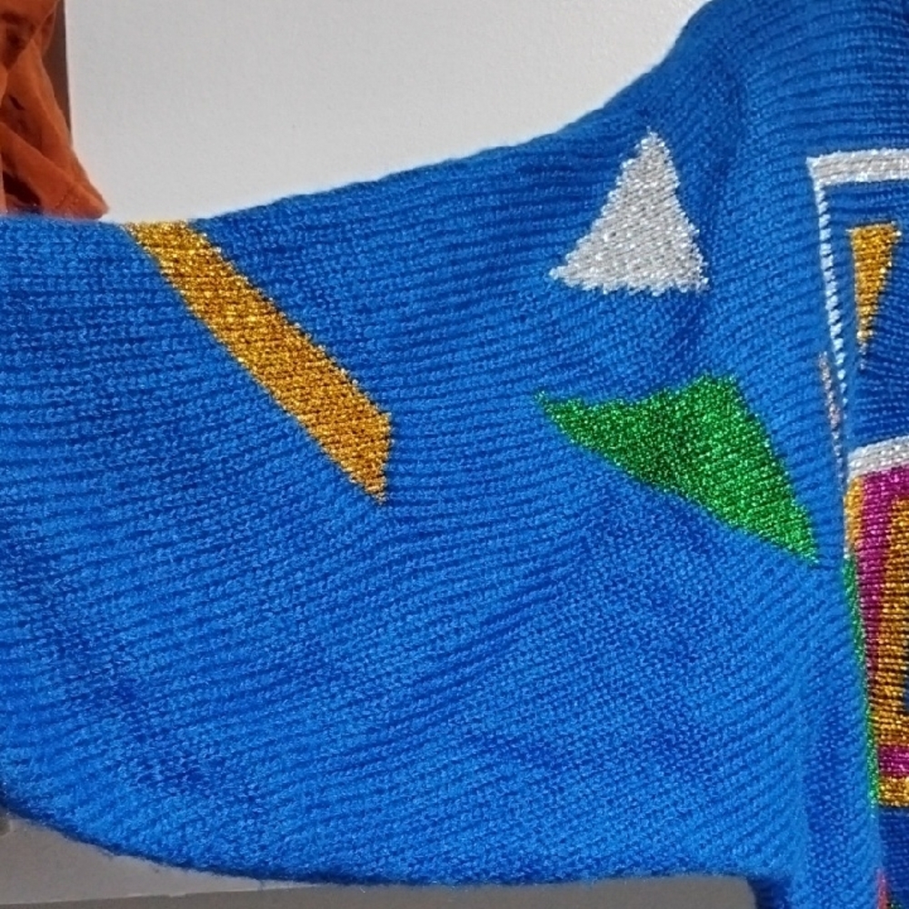 (A-71)SALE!RARE! Alfredo Moro Blue Sweater W Colorful Geometric Glittery Design - Picture 6 of 10
